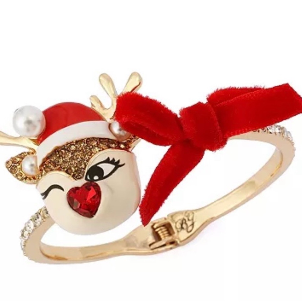 Betsey Johnson Faux Stone Santa Baby Reindeer Bow Bangle Bracelet